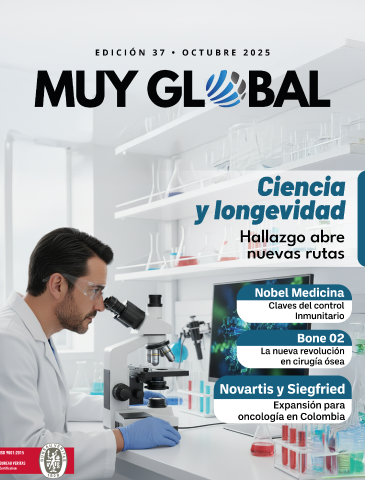 Portada revista Muy Global Edición 37: artículos sobre ciencia y longevidad, Nobel de Medicina, cirugía ósea y expansión de Novartis en Colombia.